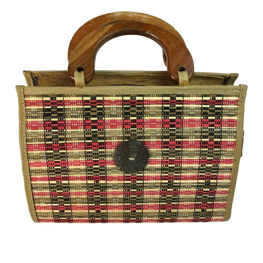 Mid Century Modern Handmade Purse Woven Straw Wood U Lined Wood Handle Mcm U